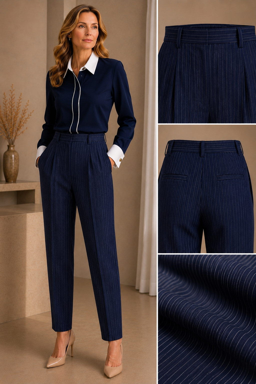 Navy Pinstripe Tapered Tailored Pant
