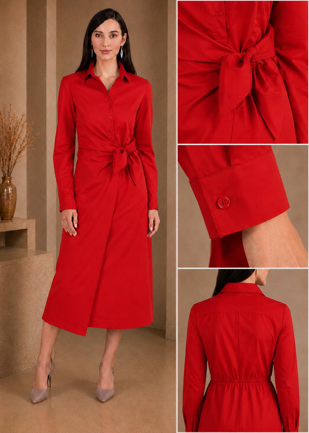 Red Cotton Poplin Wrap Shirt Dress