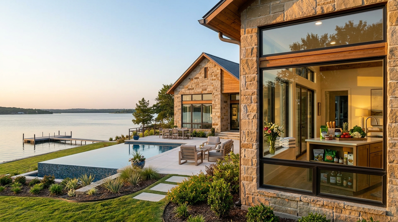 Modern luxury lake home with large windows, patio, pool, and landscaped garden