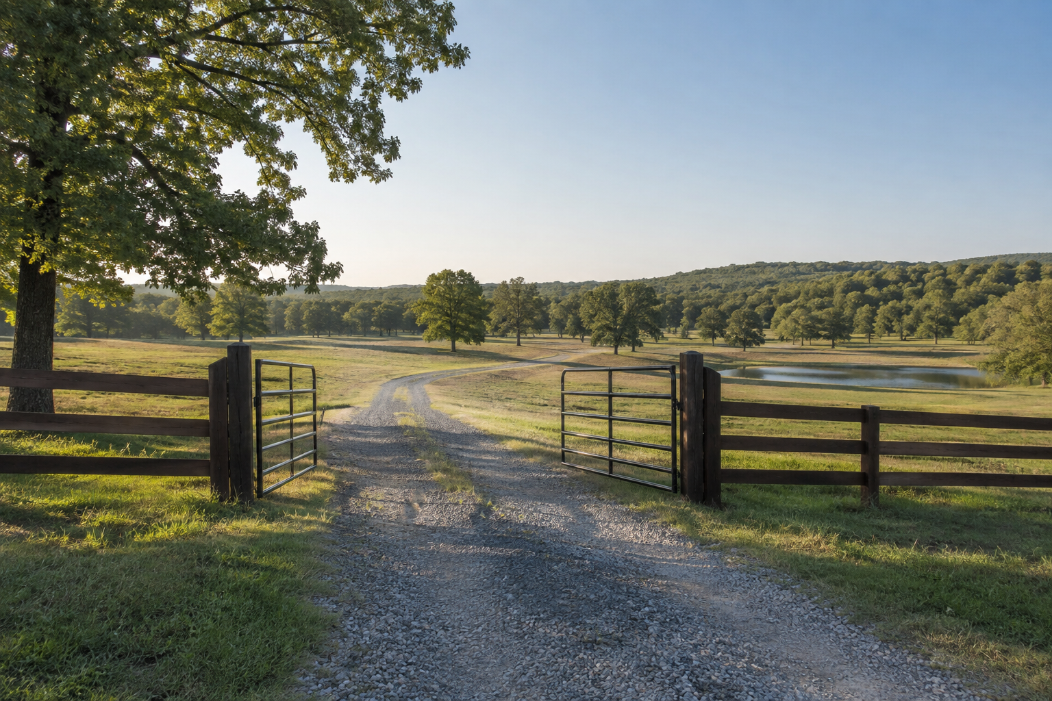 Gated acreage with a gravel access road, fencing and pond