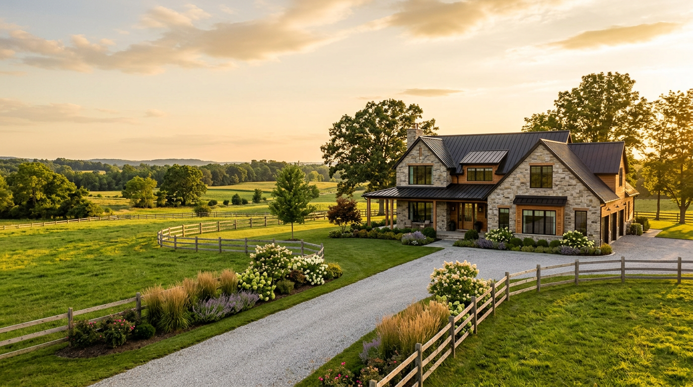 Large stone home surrounded by a maintained lawn and landscaping at sunset