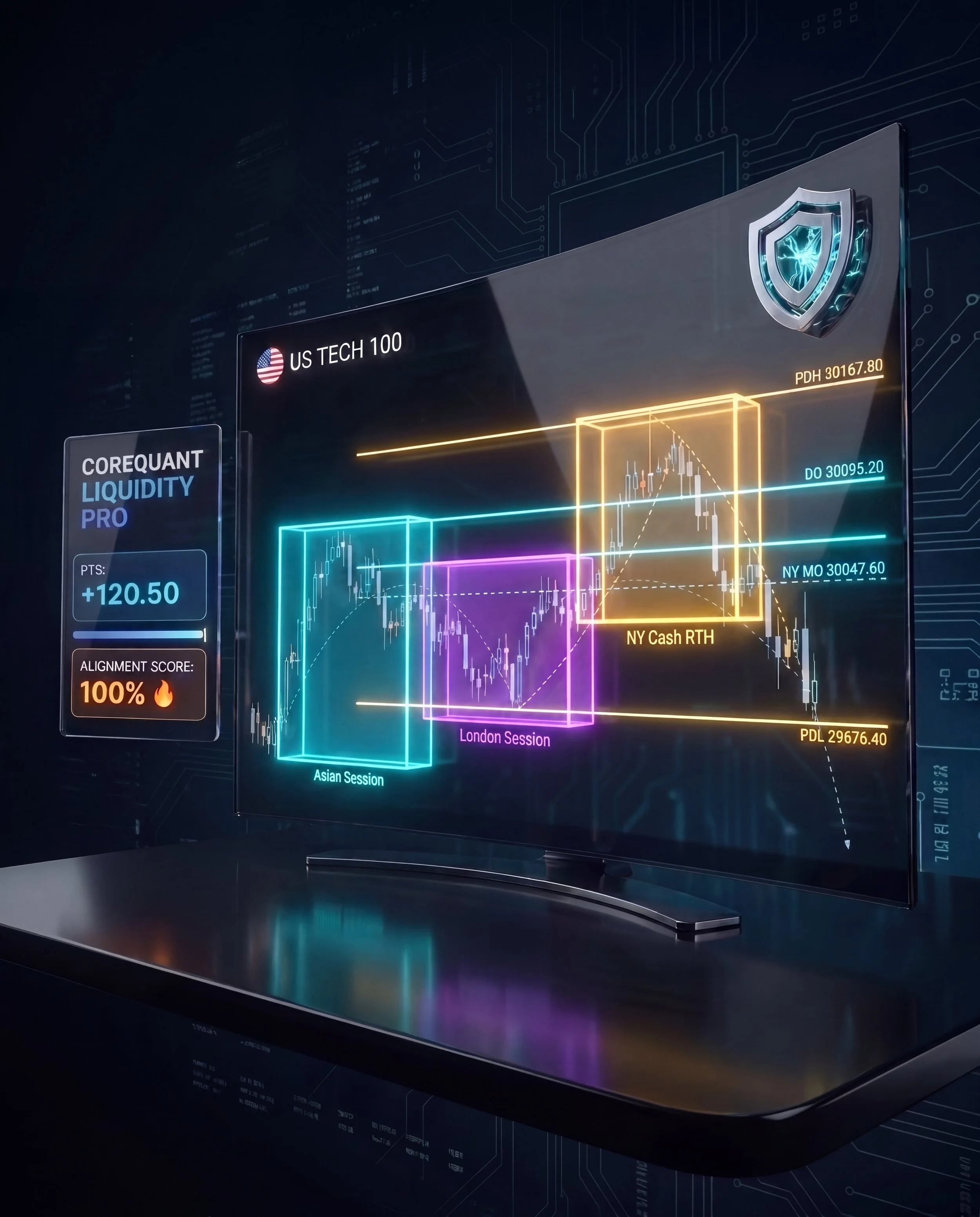 CoreQuant Nasdaq Liquidity Map Pro cTrader chart displaying Asian, London, and NY Cash session boxes, institutional key levels, and live execution HUD.