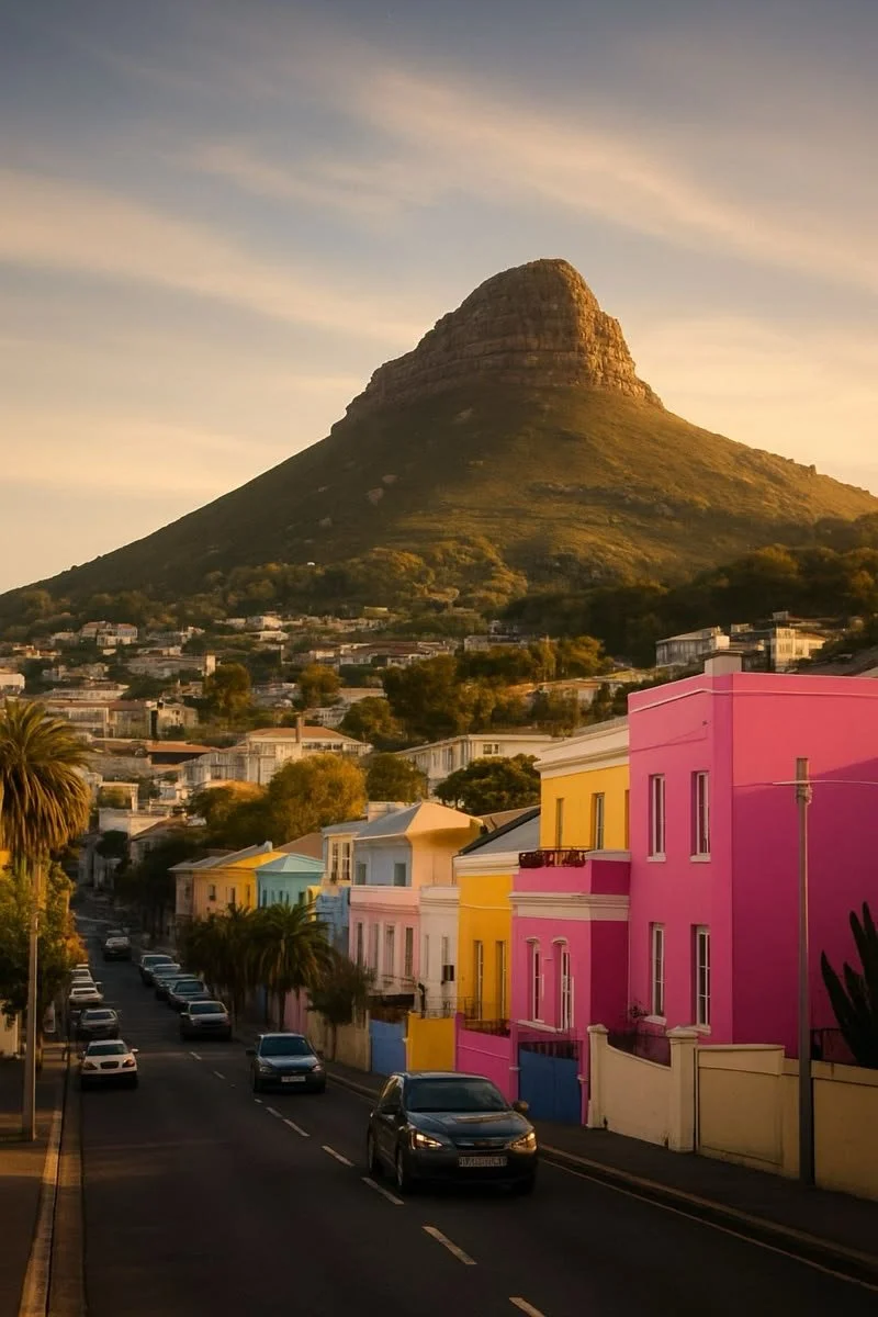 Colorful houses on a street with a mountain in the background at sunset.