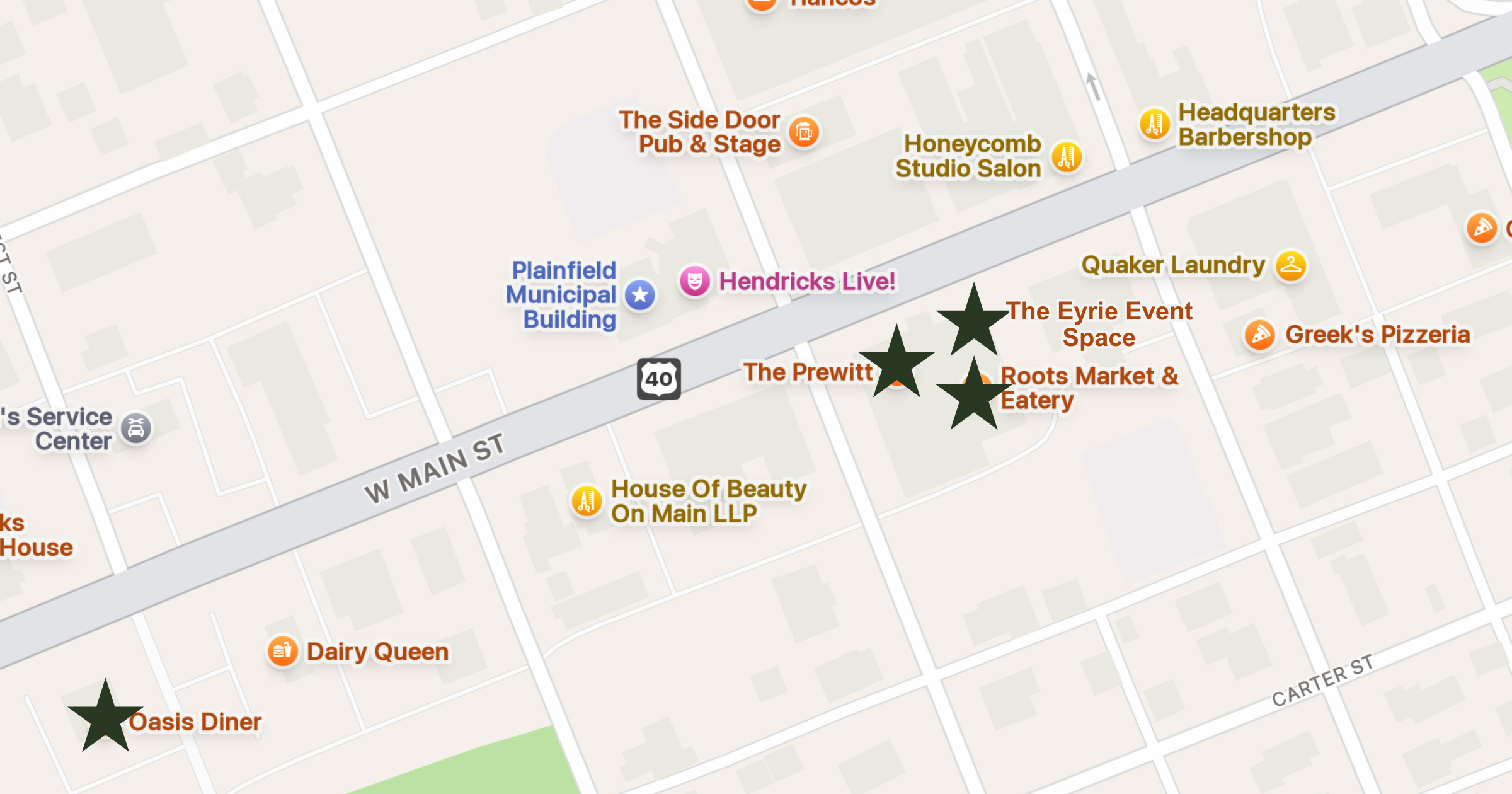 Map of a downtown area showing streets, businesses, and landmarks including Oasis Diner, Dairy Queen, The Prewitt, Roots Market & Eatery, Greek's Pizzeria, The Eyrie Event Space, Plainfield Municipal Building, Hendricks Live!, and various shops and restaurants marked with icons.