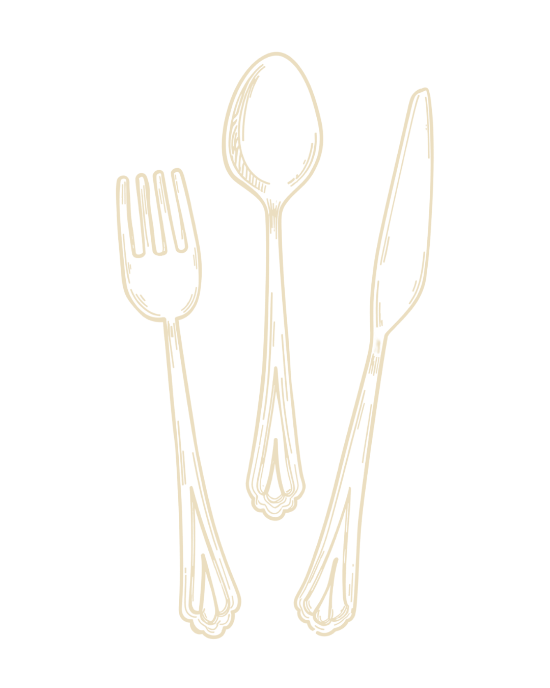 Line art illustration of a fork, a spoon, and a knife against a black background.