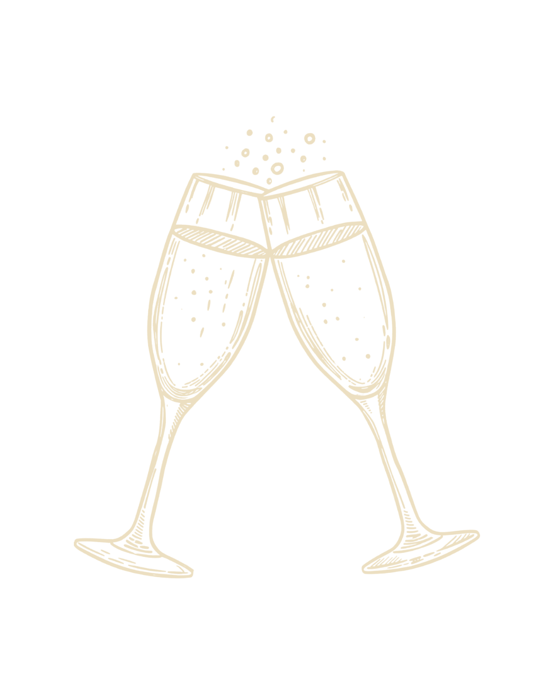Two champagne glasses clinking with bubbles rising in the dark background.