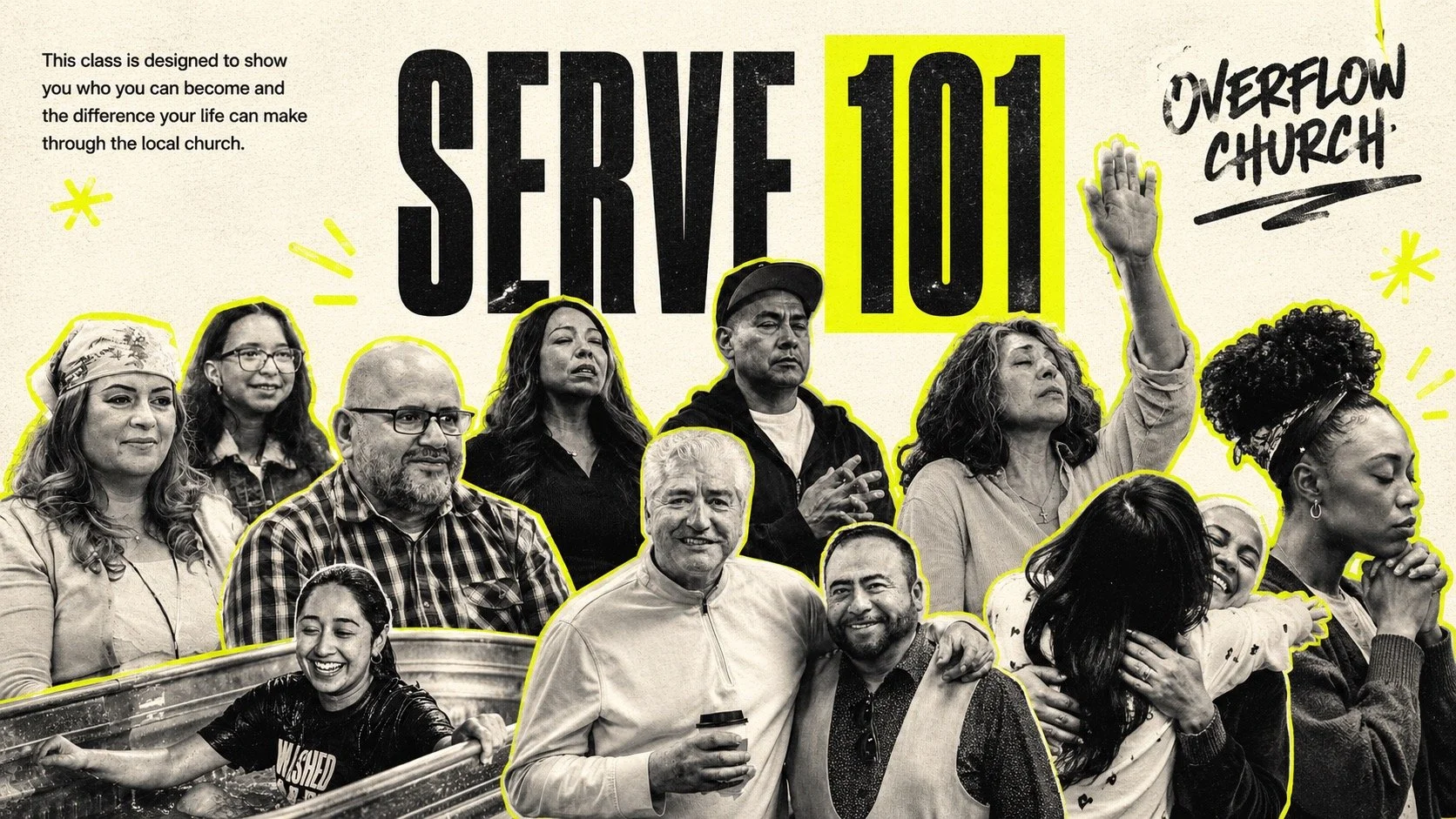 A collage of diverse people gathered together, with large bold text that reads 'SERVE 101' and an overlay of the words 'Overflow Church,' suggesting a church community or event focused on service.