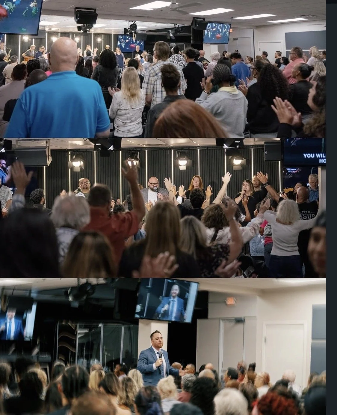 Three images of a church service. The first image shows a congregation standing and worshiping, with screens displaying lyrics. The second image features a group of singers and musicians leading the congregation in worship. The third image depicts a speaker or pastor in a suit addressing the audience in front of screens with his image.