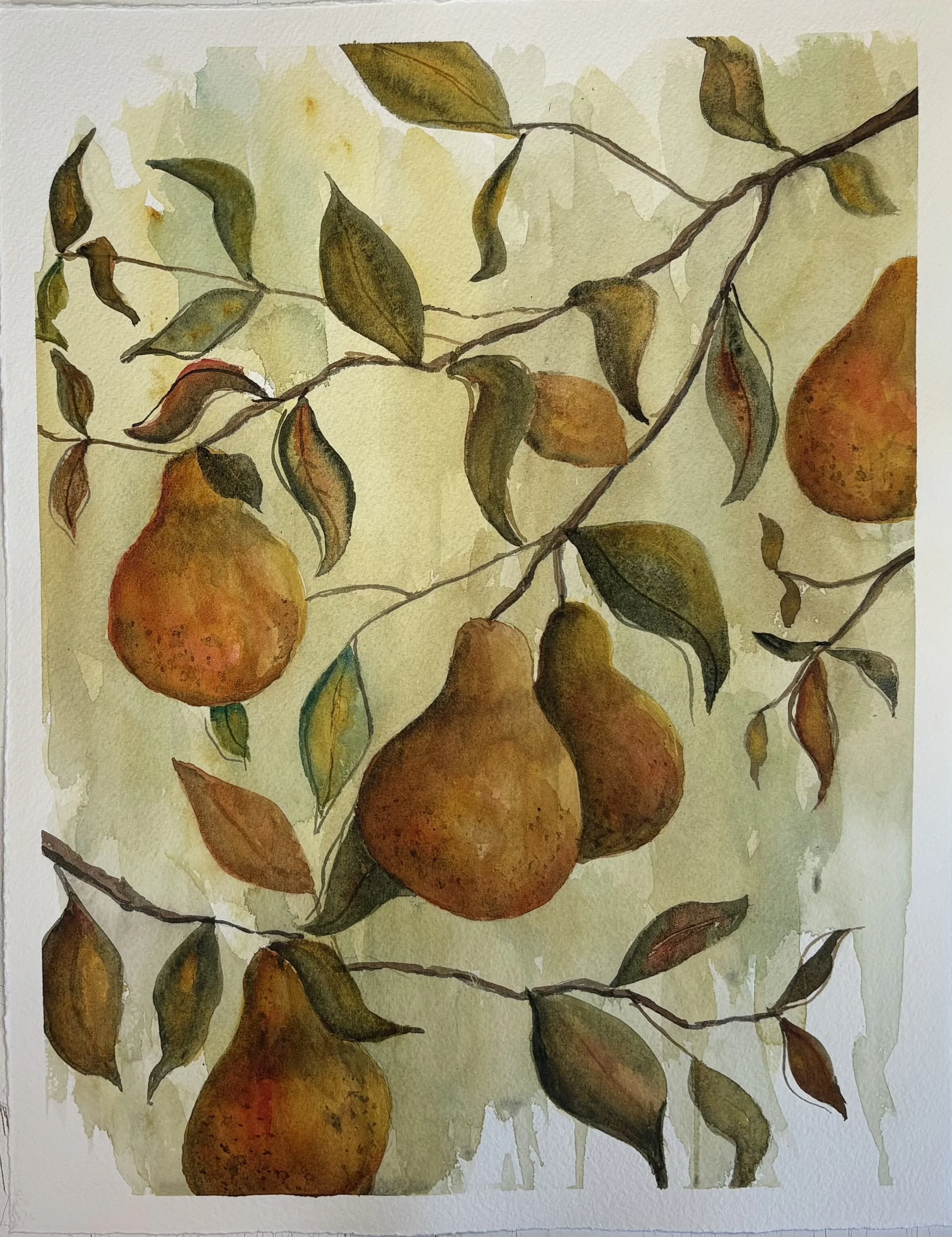 Watercolor painting of a branch with yellow and orange pears and brown and green leaves on a light green background.
