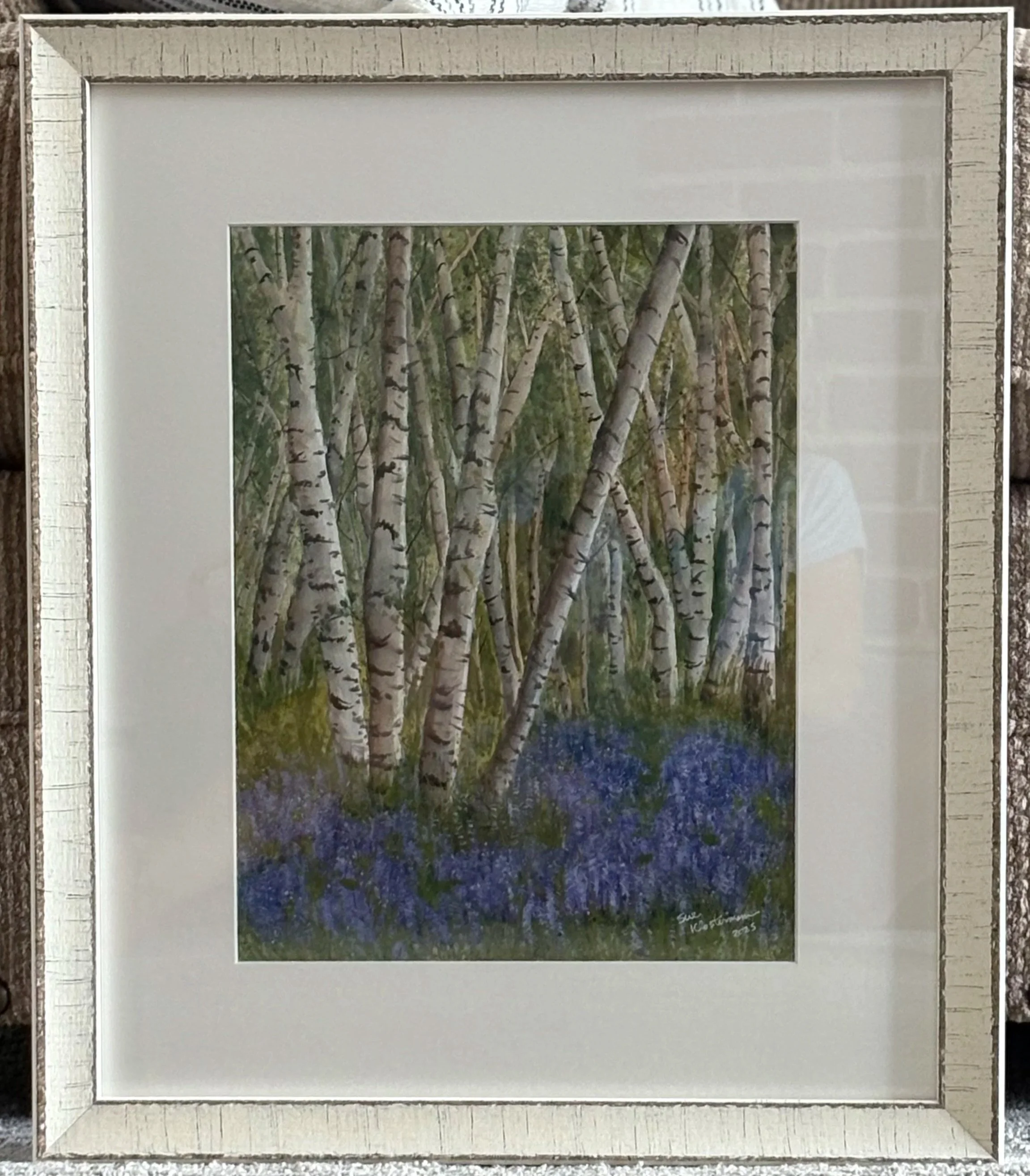 "Birch Trees and Purple Flowers" 9 x 12 inches