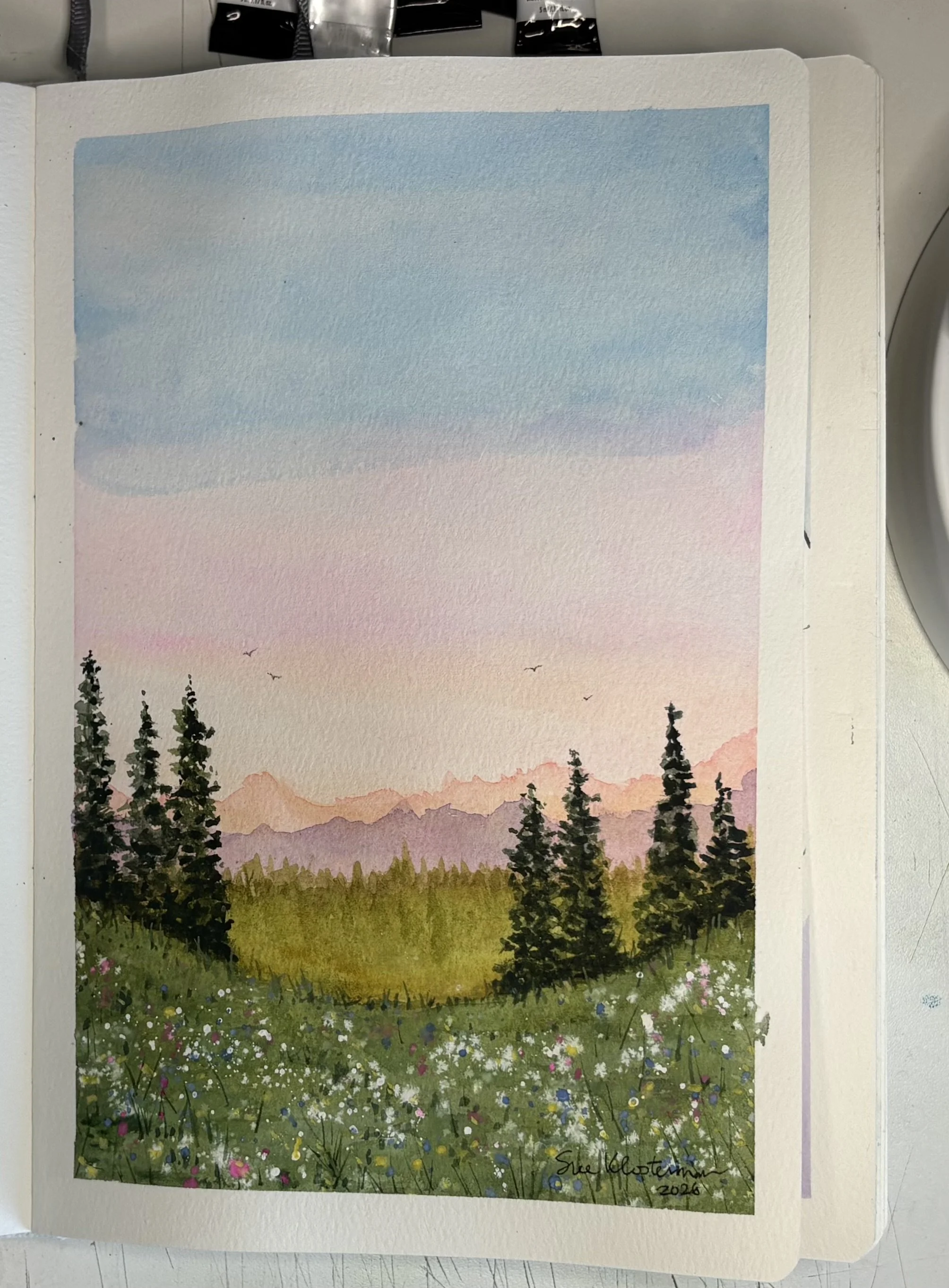 Landscape watercolor painting of a field with white and purple wildflowers, green grass, pine trees in the foreground, and mountains with a pink and purple sunset sky in the background. This is an example of journal painting in an Etchr journal.