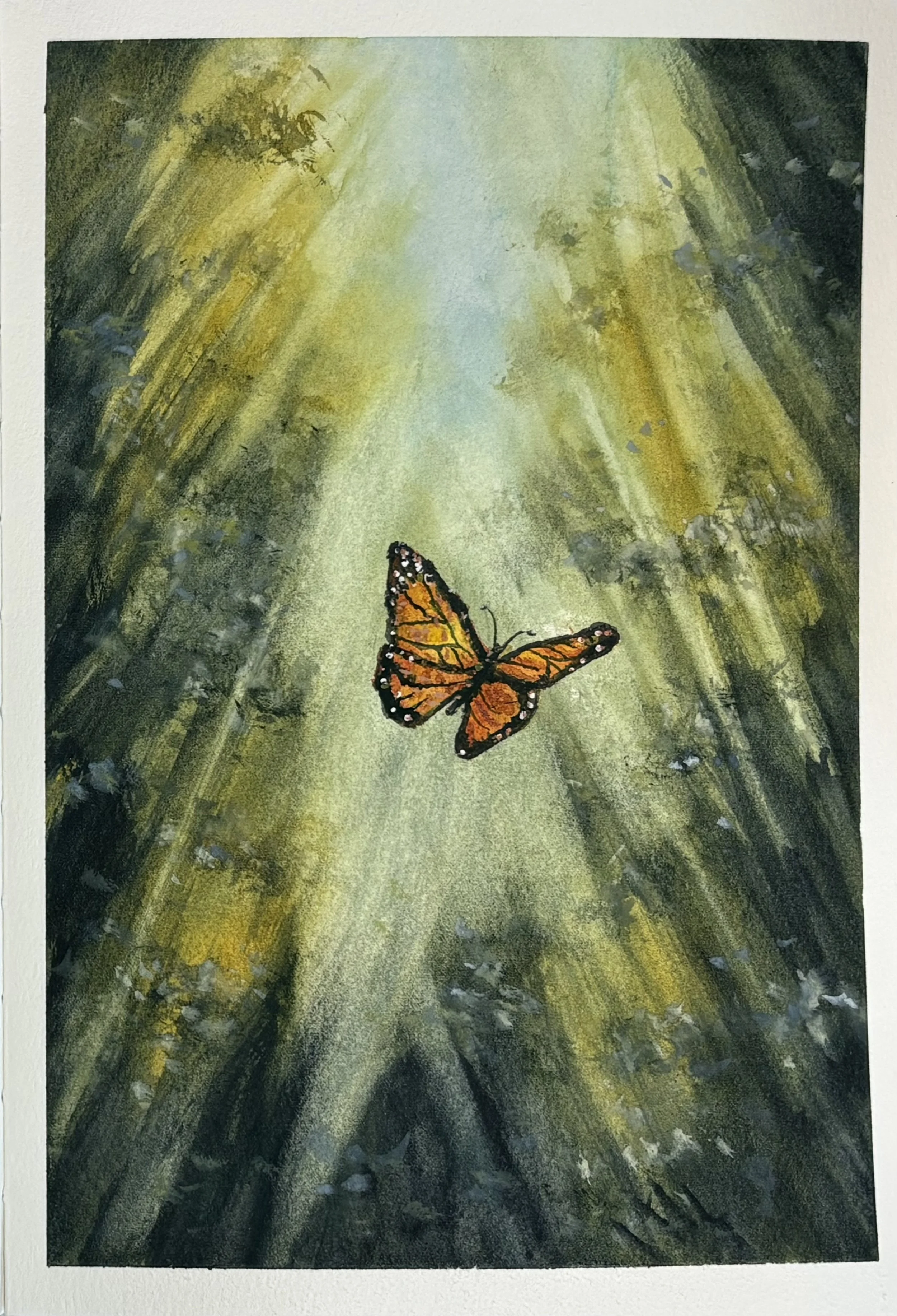 Watercolor painting of a monarch butterfly flying in a forest trail with green and yellow surrounding trees. Journal painting in Etchr journal.