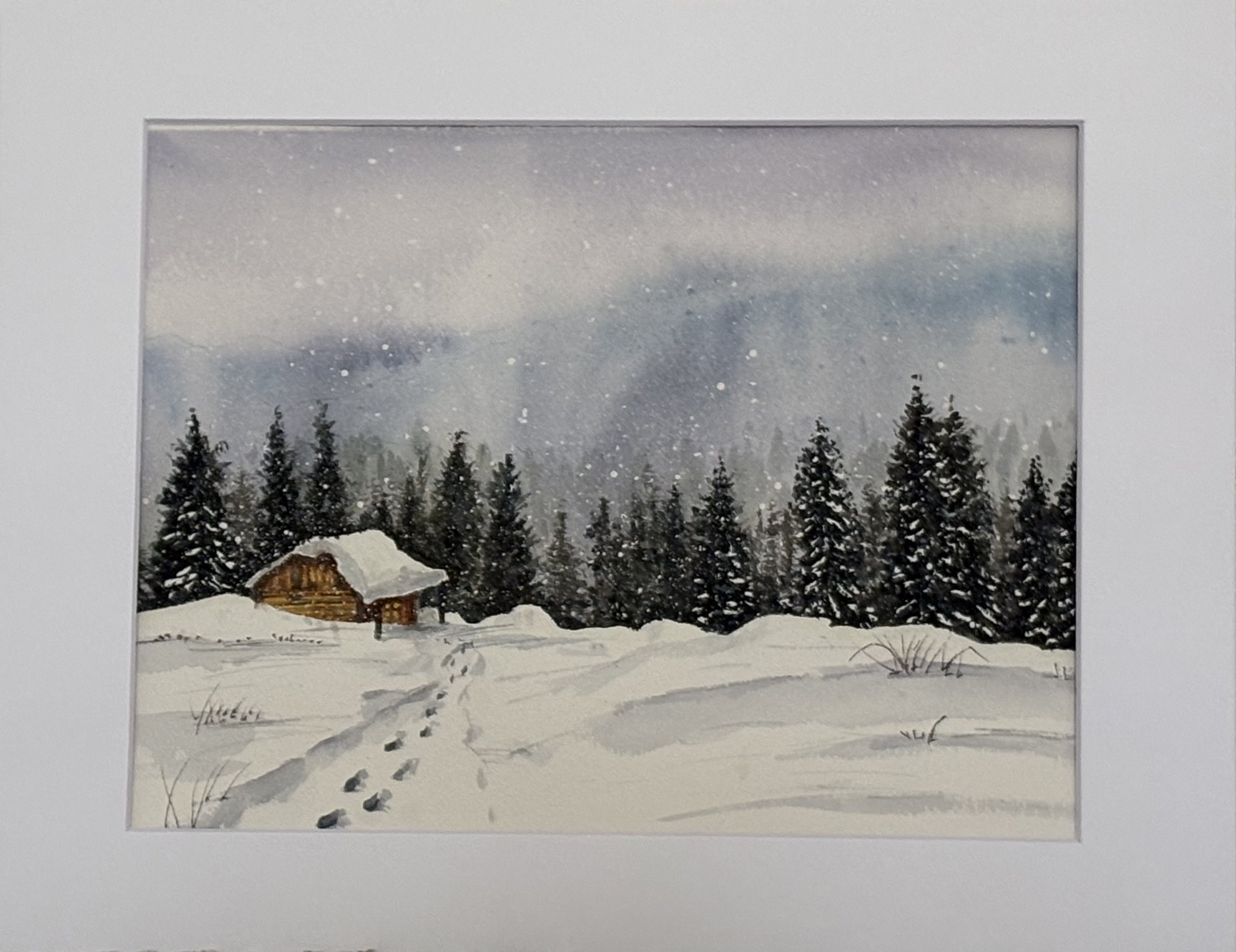 A watercolor painting of a snowy winter landscape featuring a small wooden cabin surrounded by snow-covered trees and snow in the foreground, with a cloudy sky above.
A snowy cabin in the woods during a winter scene.