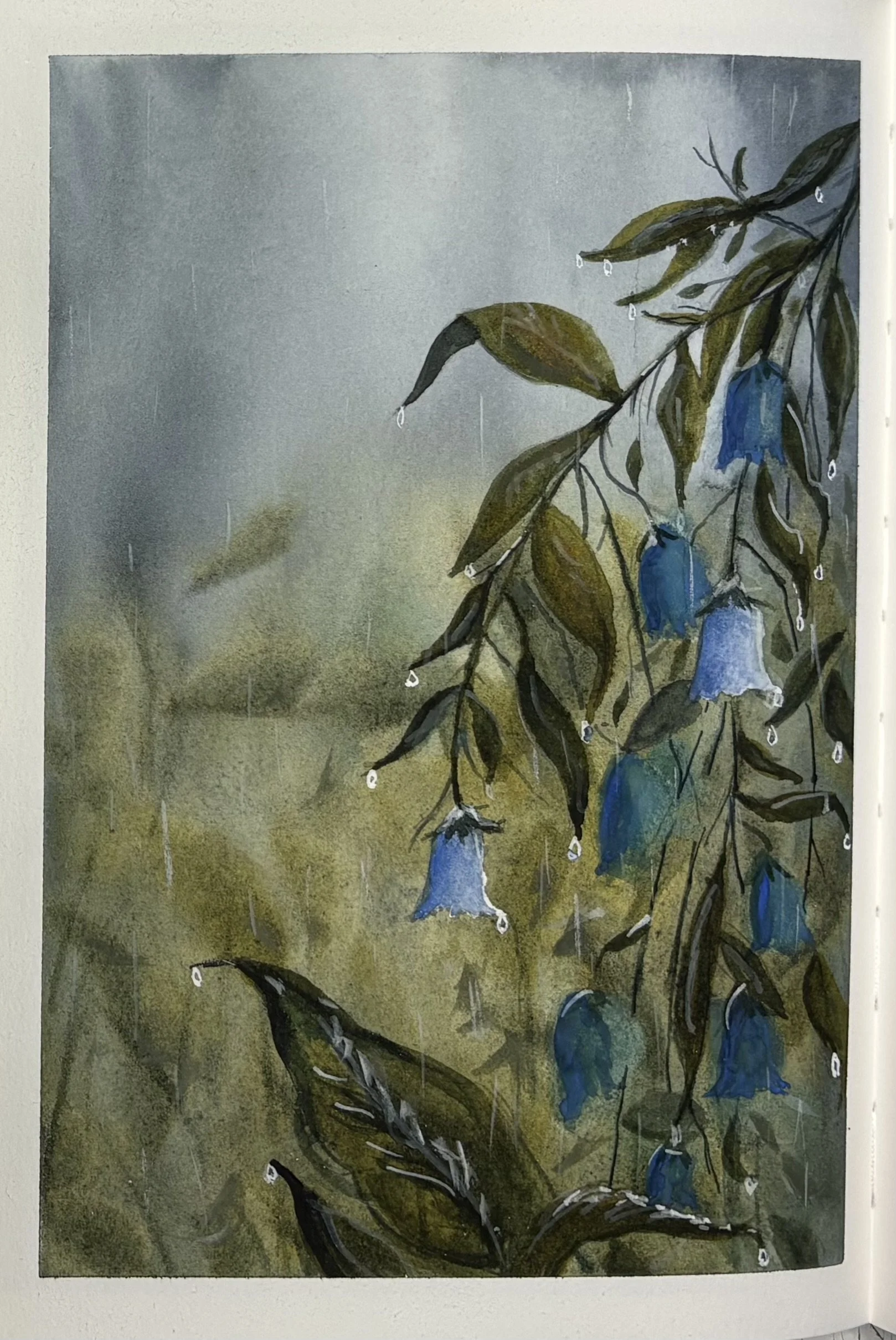 An artistic painting of a branch with blue bell-shaped flowers and wet leaves, with a rainy background that appears to be outdoors. This painting produces a mood with it's raindrops dripping off of the bluebell flowers
