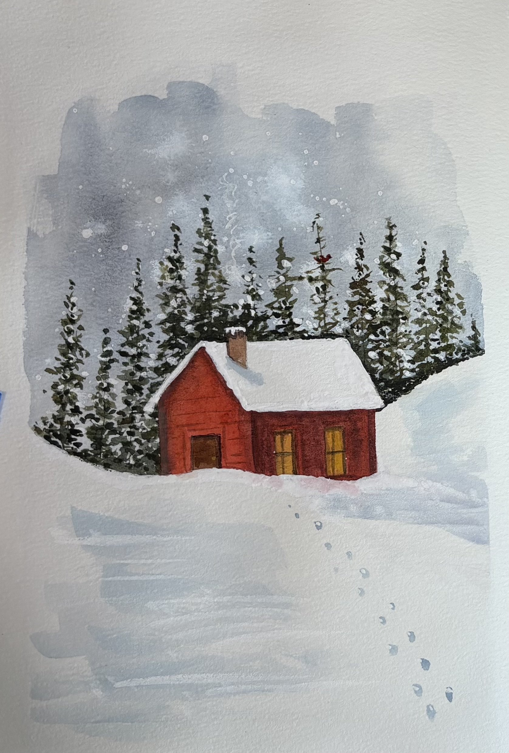 Watercolor painting of a red house with a snowy roof, surrounded by pine trees and a snow-covered landscape with footprints and a cloudy sky. Journal entry in Etchr journal.