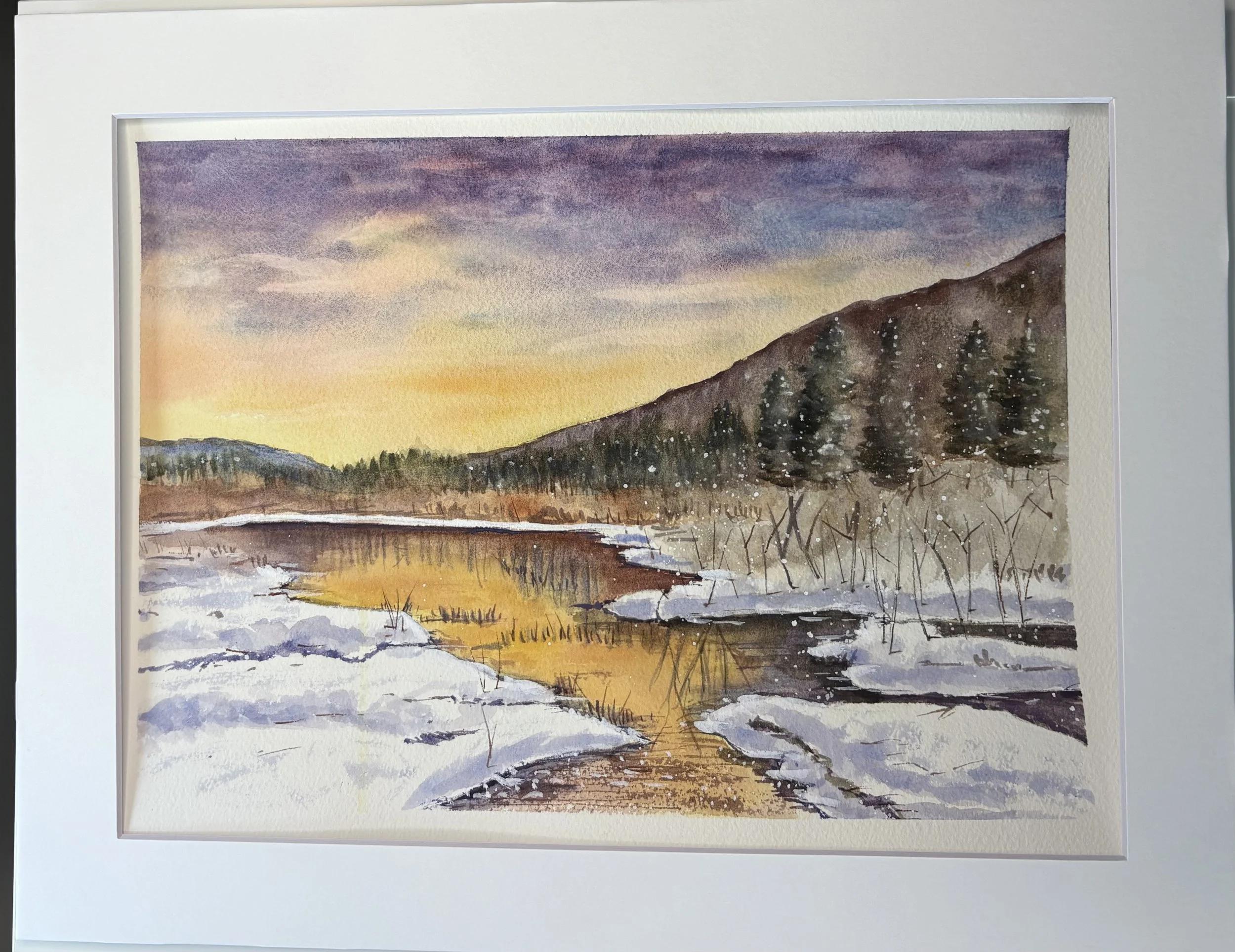 "Sunset in the Snowy Mountains"
matted, image size 12" x 9" 
