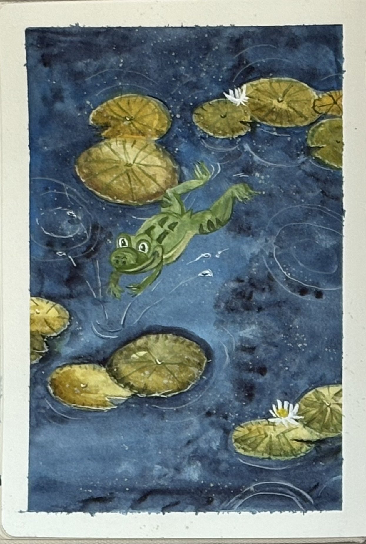 A painting of a pond with lily pads and water lilies, featuring a green iguana swimming among the lily pads on a dark blue water background. There is a frog leaping on the lily pads.