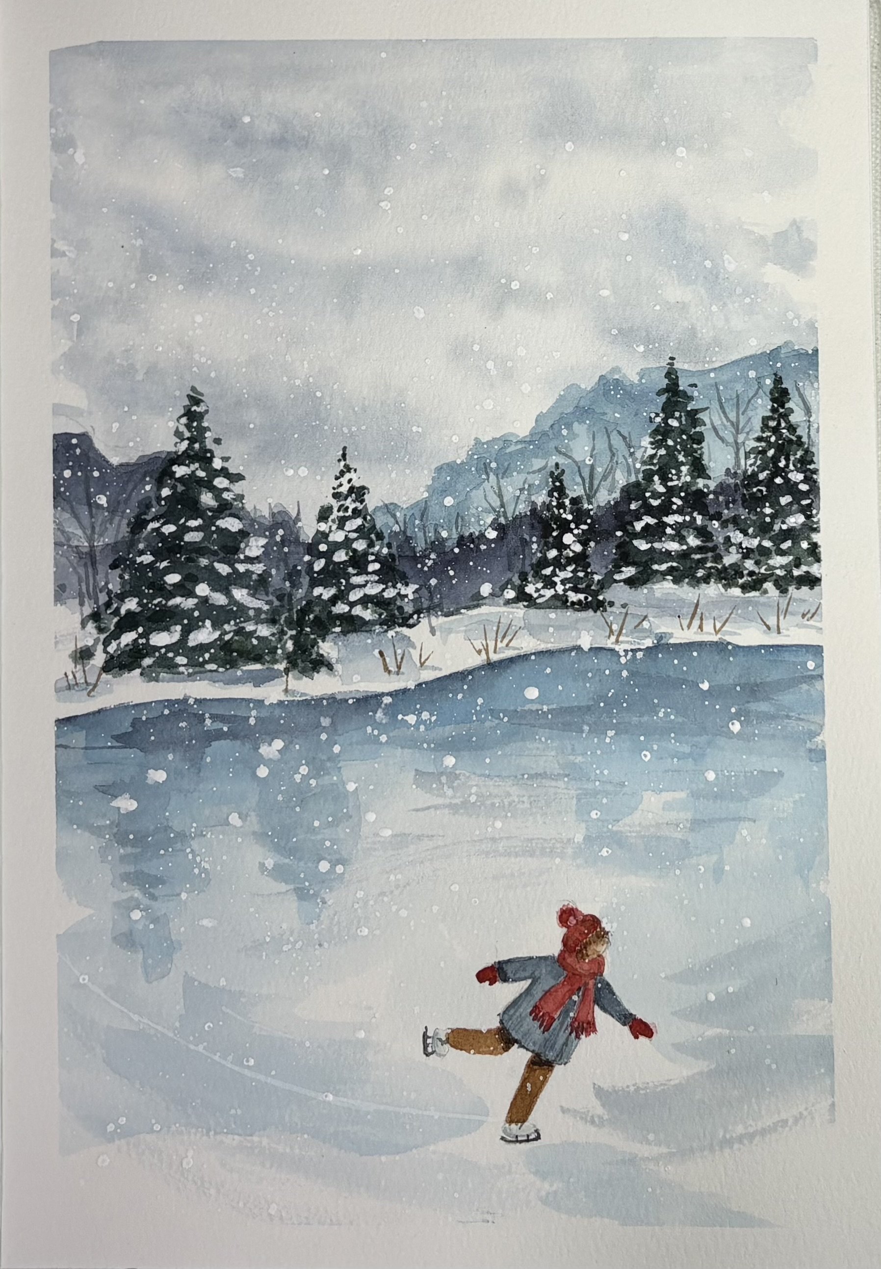 A watercolor painting of a snowy winter landscape with pine trees, mountains, and a cloudy sky. A person in winter clothes is skating on the snow. A lone skater iceskating on a frozen pond. Journal painting in Etchr journal.