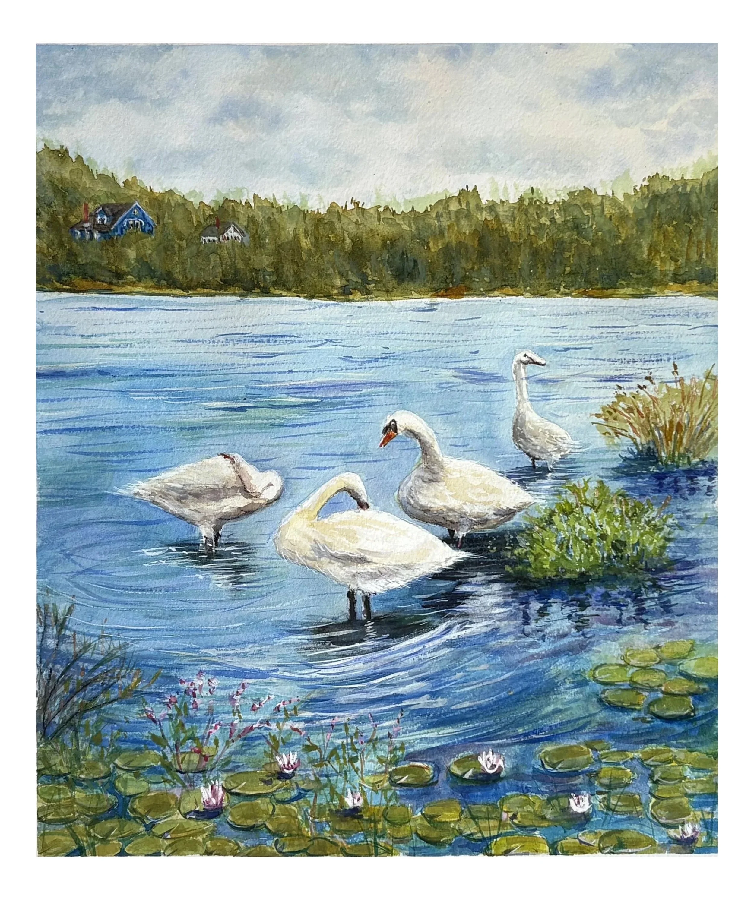 Watercolor painting of a lake with swans swimming near lily pads and water lilies, a dock with pink flowers in the foreground, and a tree-lined shoreline with houses in the background under a cloudy sky.