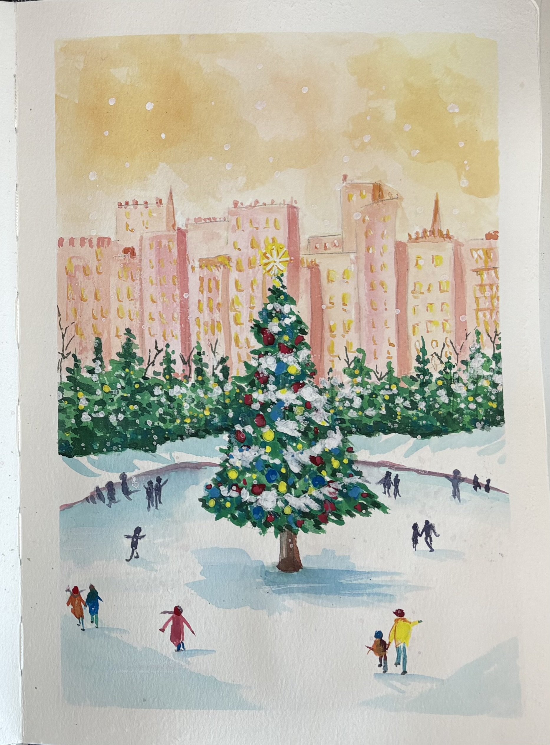 A watercolor painting of a large decorated Christmas tree in an urban setting, with buildings in the background and people walking and playing in the snow. Journal painting in Etchr journal.