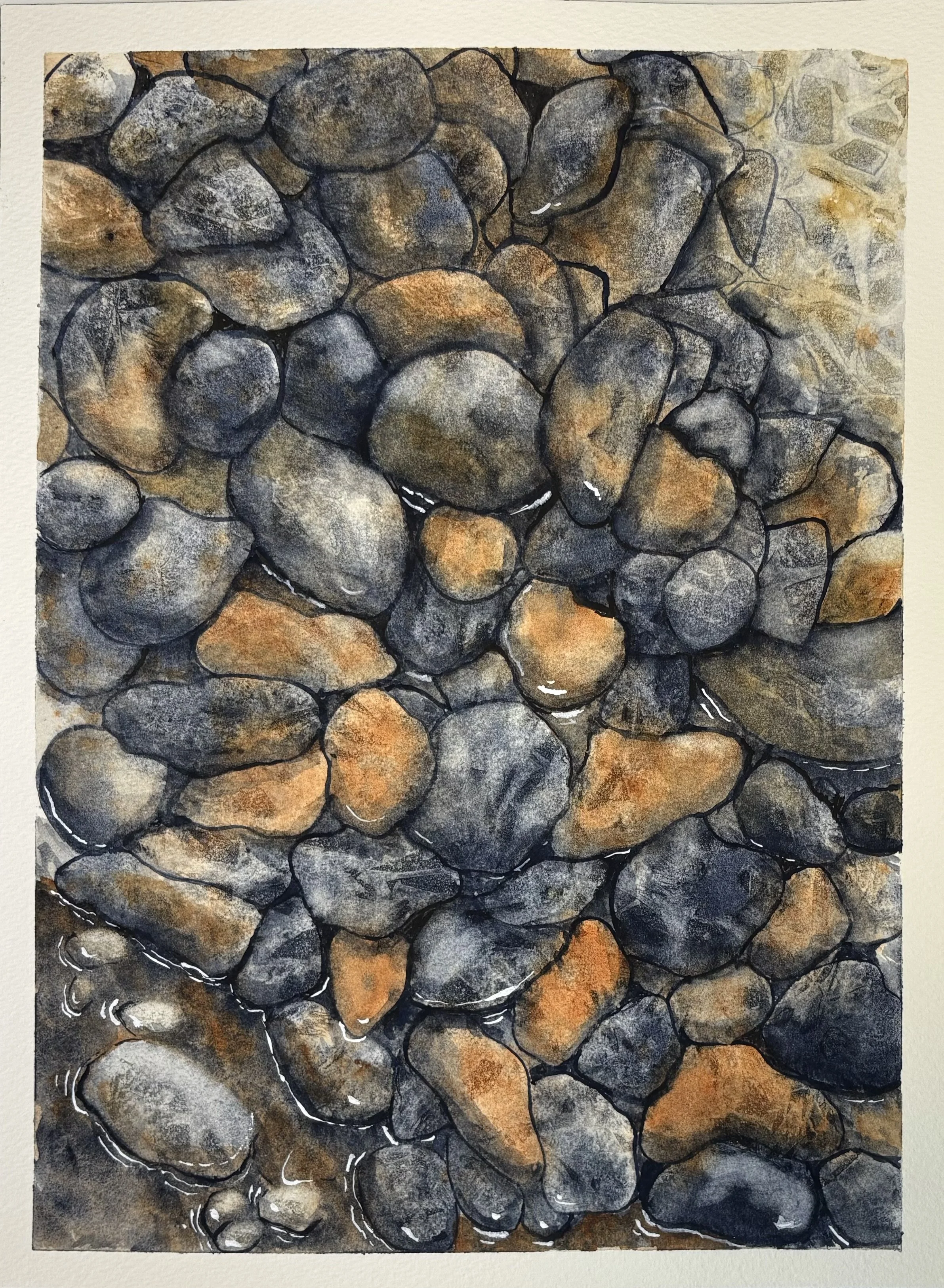Close-up painting of smooth, rounded rocks in shades of gray, black, and brown, with white highlights and cracks. An attempt to paint rocks in watercolors.