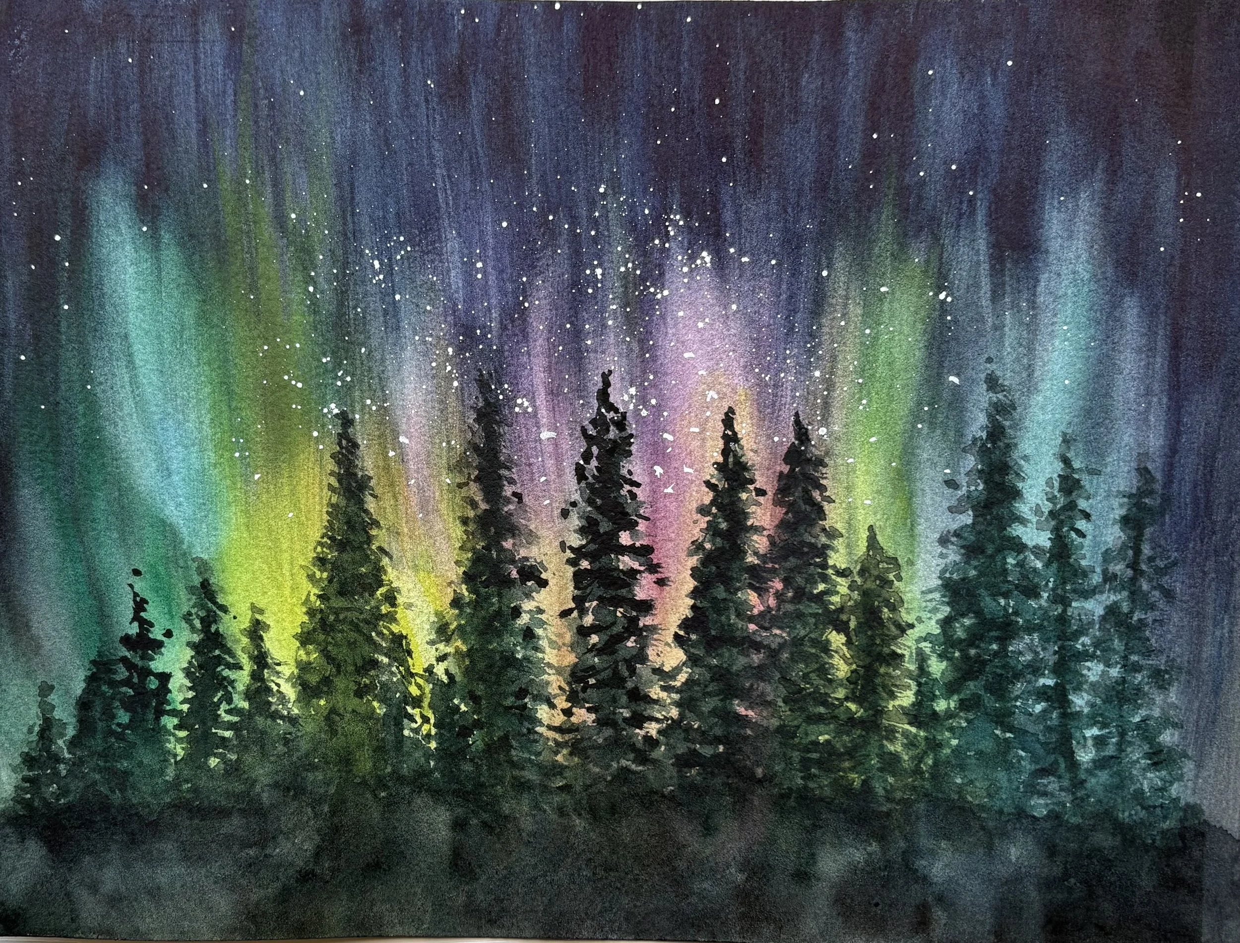 Watercolor painting of the northern lights over a silhouette of pine trees at night, with white stars above. Journal painting in Etchr journal.