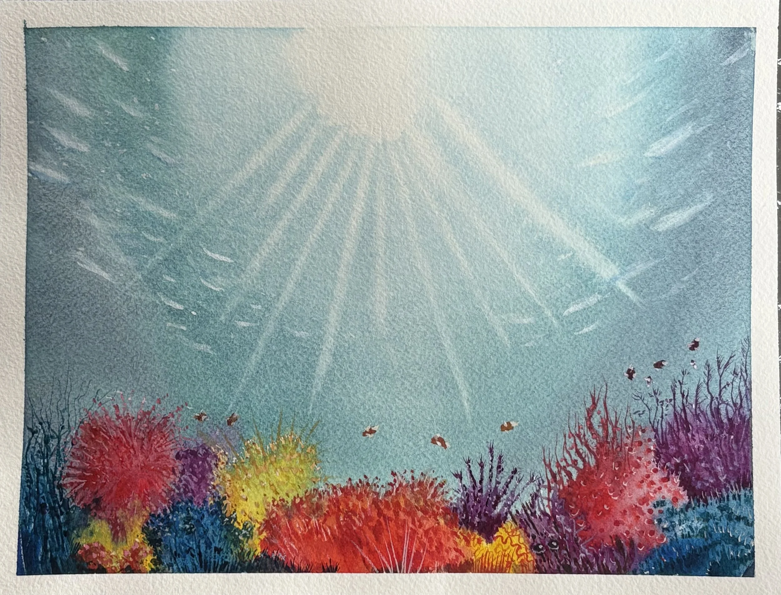 Colorful underwater watercolor painting with colorful coral reefs across the bottom. Another attempt at underwater sealife in a journal by Etchr.