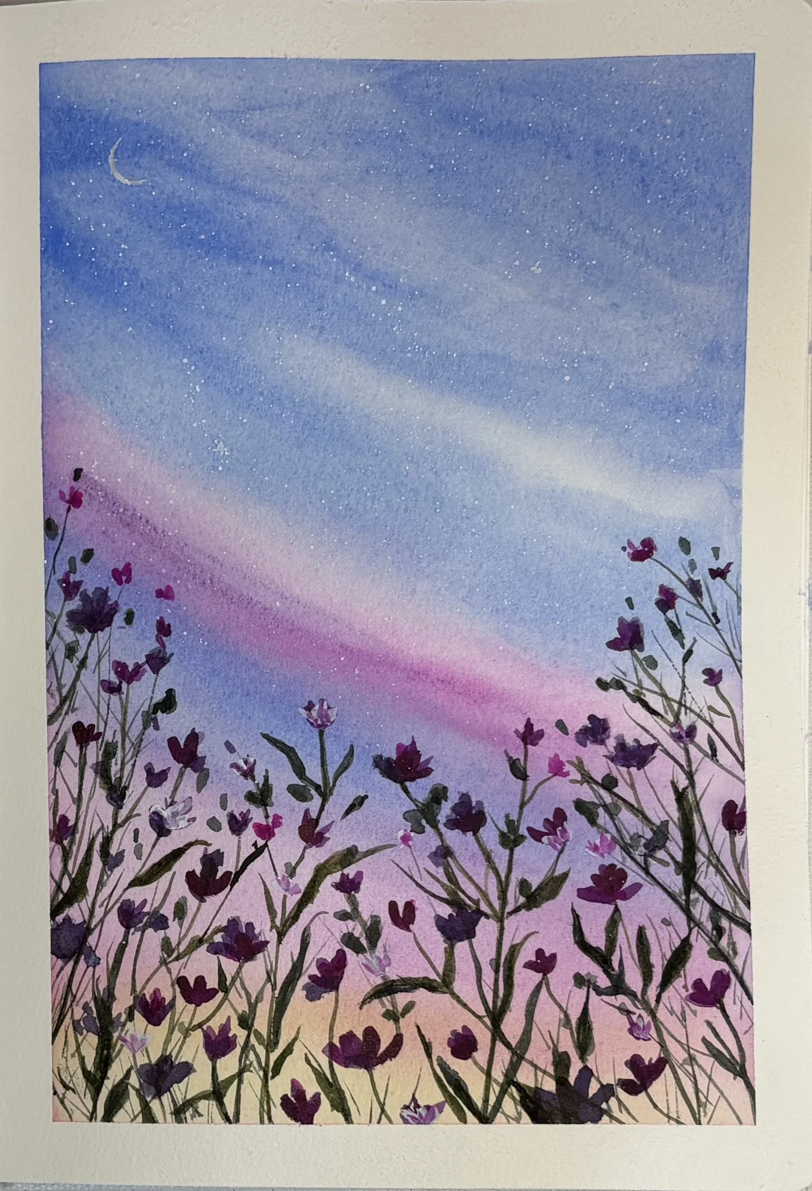 Watercolor painting of a twilight sky with stars and a crescent moon, with silhouettes of purple flowers and green stems in the foreground. Journal painting.