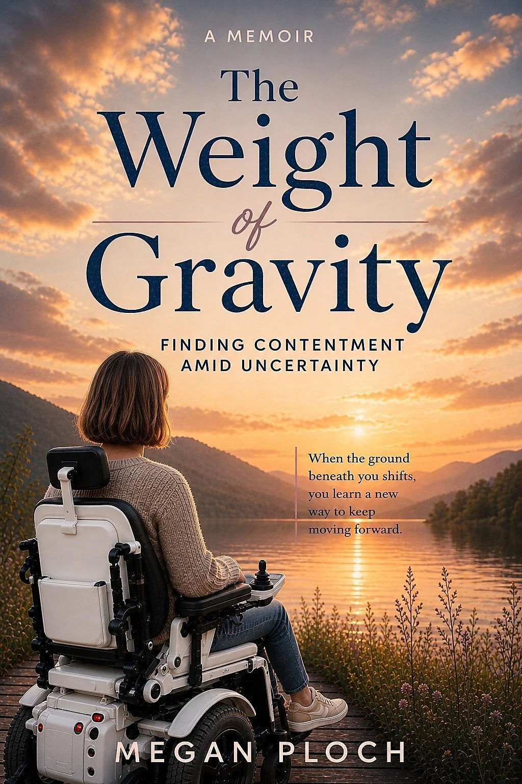 Book cover titled "The Weight of Gravity" by Megan Ploch, with subtitle "Finding Contentment Amid Uncertainty." The cover features a woman in a wheelchair sitting outdoors at sunset, overlooking a river and mountains.