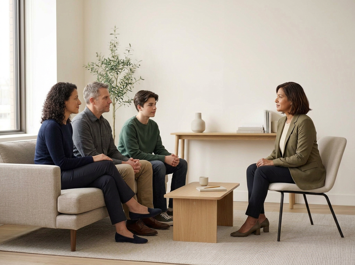 A family sitting on a beige couch and a woman sitting across from them in a counseling or therapy session in a clean, modern room with natural light. The family includes a woman, a man, and a teenage boy.