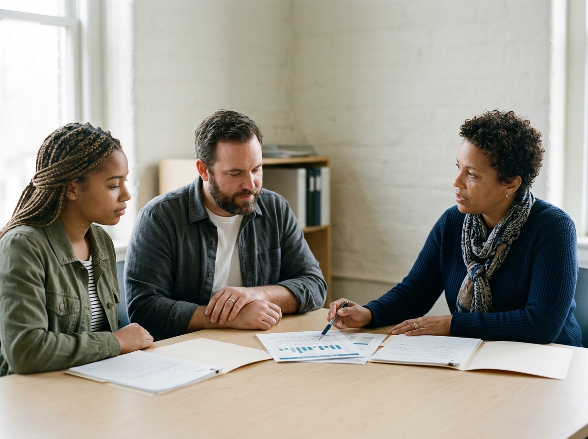 A woman in a blue sweater and scarf discussing documents with a man and a woman at a table in an office.
