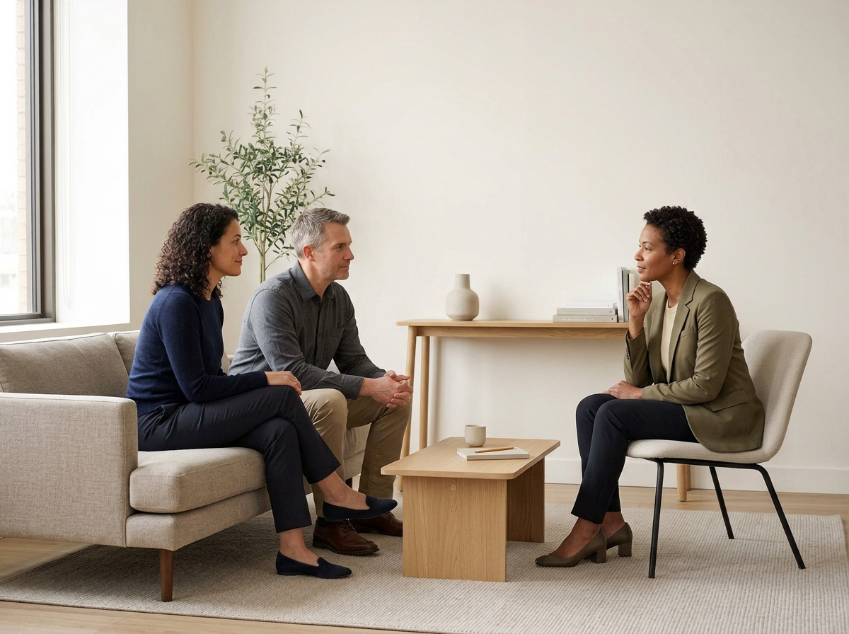 A woman in a green blazer and heels sitting on a white chair during a therapy session with a couple on a beige sofa in a minimalistic room with a potted plant and wooden furniture.