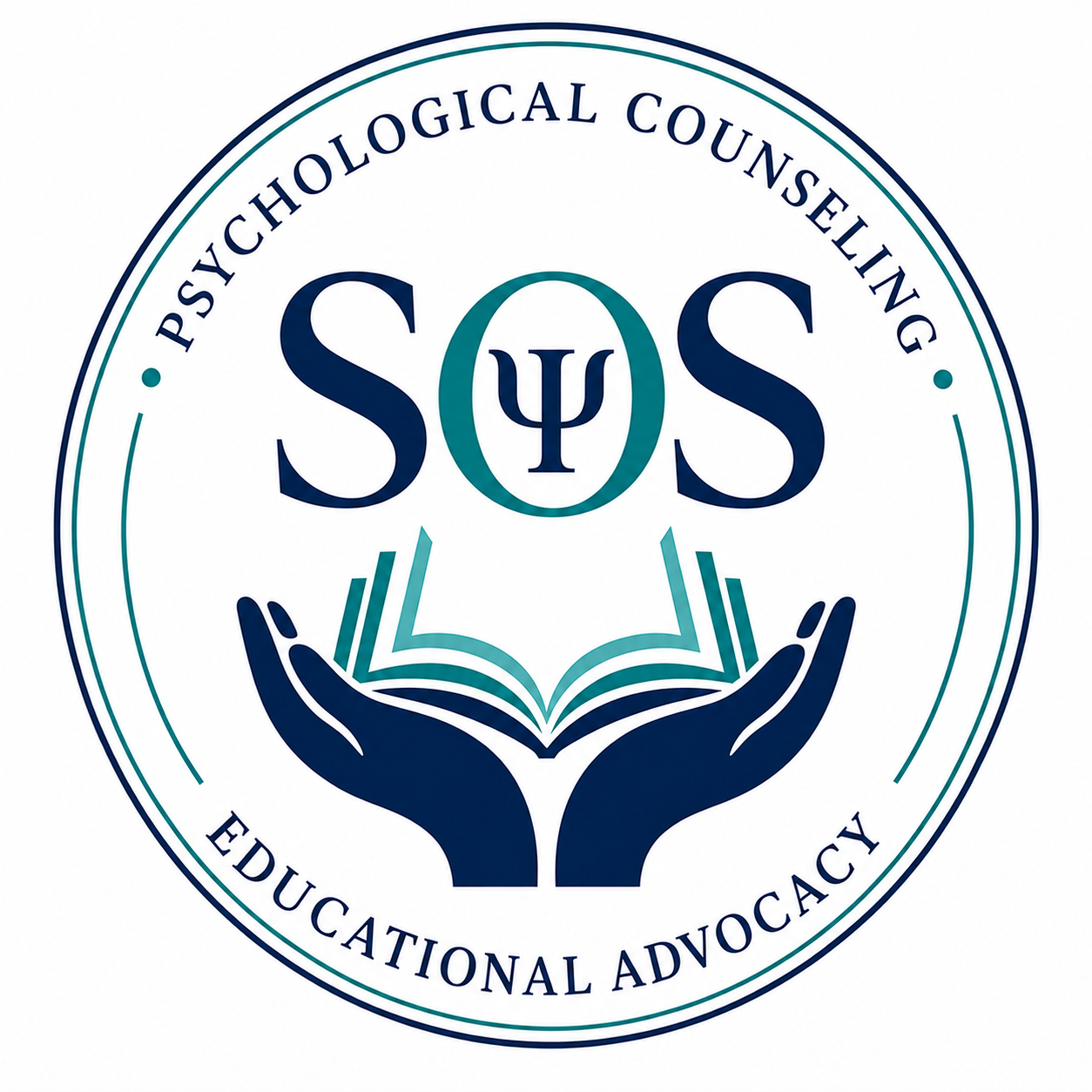 Logo for Psychological Counseling, Educational Advocacy, with hands holding an open book and Psi symbol in a circle.