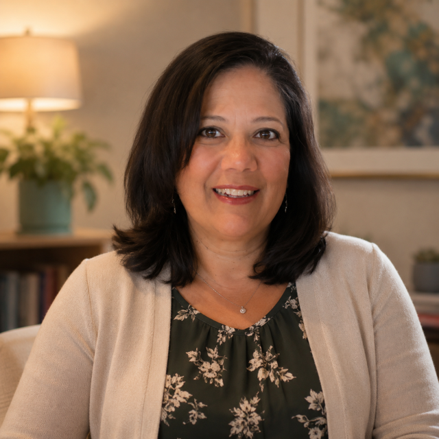 A woman with shoulder-length dark hair smiling while sitting in a well-lit room, wearing a beige cardigan over a black floral blouse.