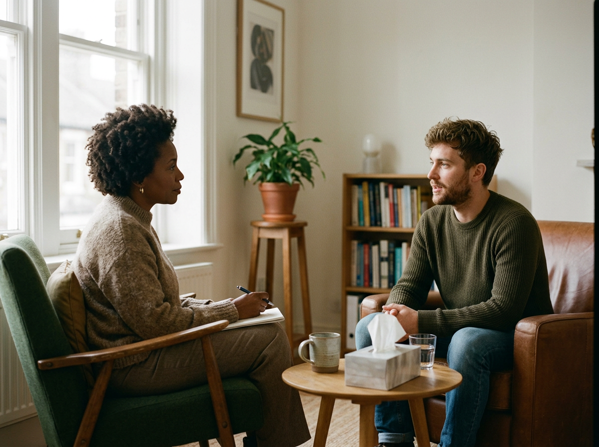A woman and a man are having a conversation in a cozy living room, sitting across from each other. The woman is taking notes, and there is a tissue box on a small wooden table between them.