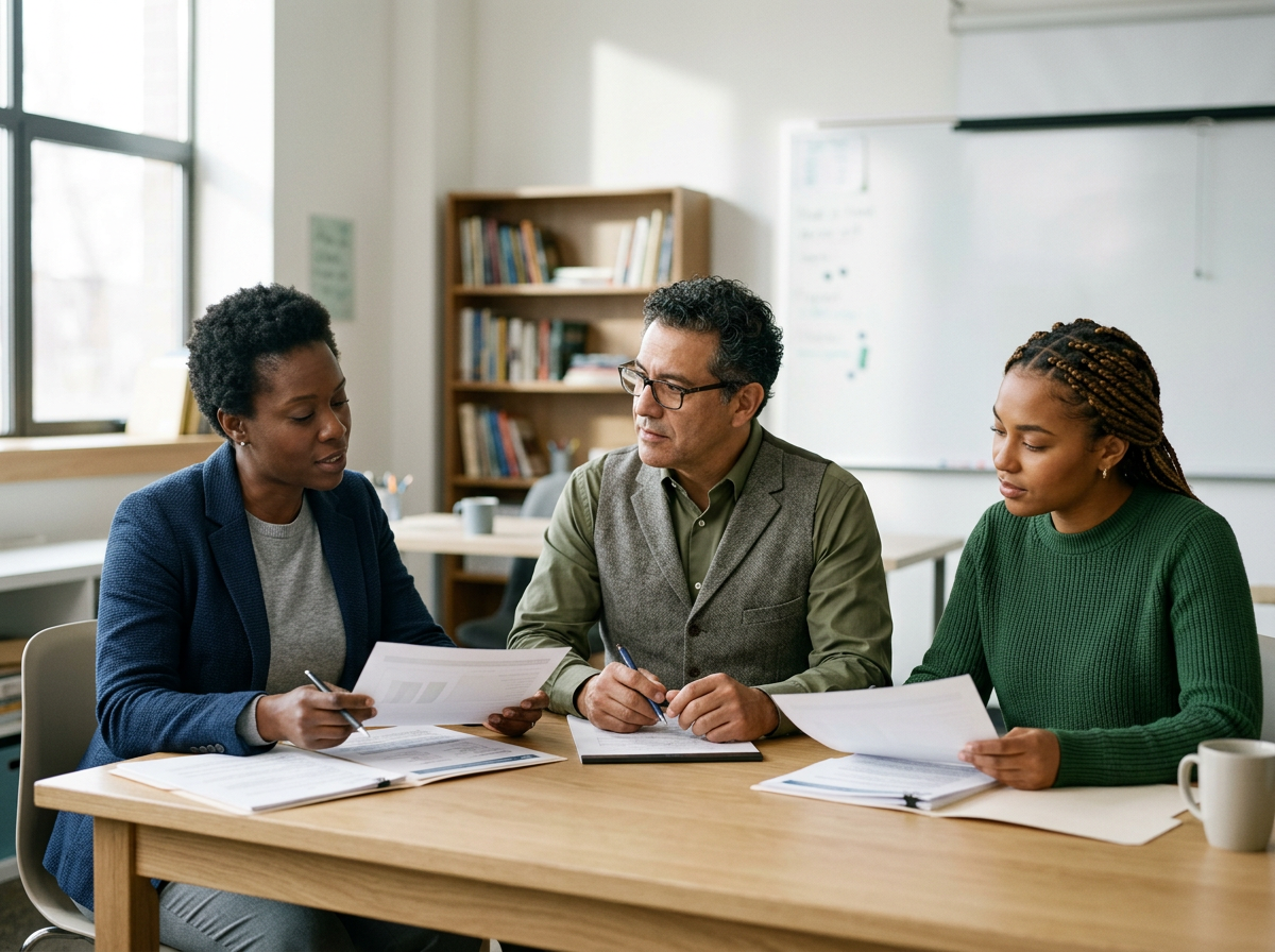 Three people sit at a table in a meeting room, reviewing documents and writing notes, with a bookshelf and whiteboard in the background.