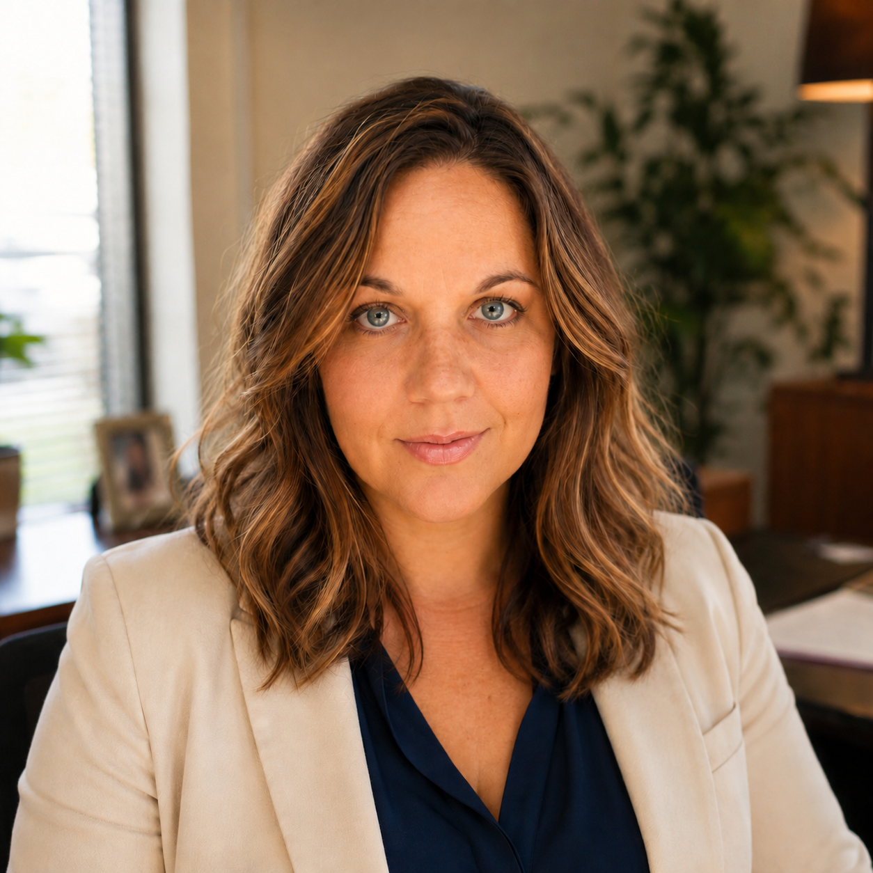 A woman with wavy brown hair and blue eyes looking at the camera, smiling, inside a well-lit room with plants and a framed photo in the background.