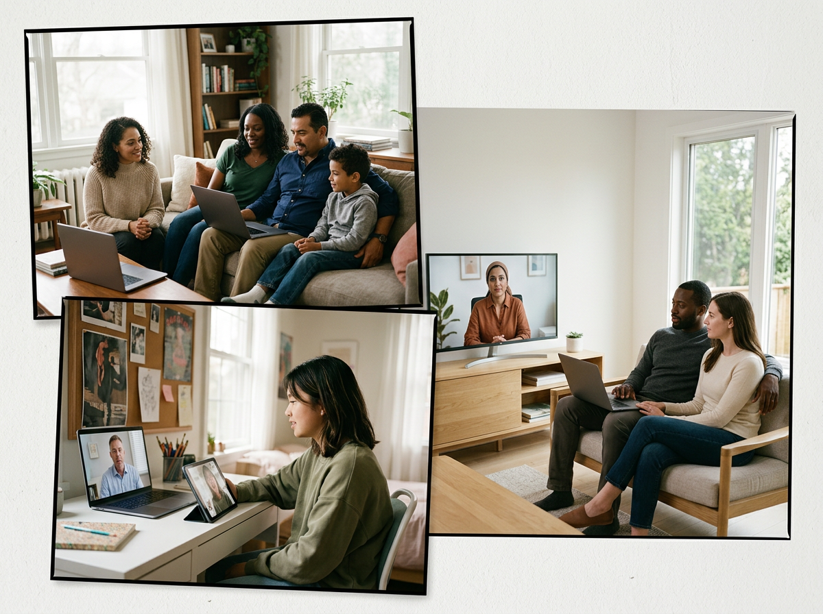 Three separate video calls are happening with different individuals in cozy home settings on laptops and a TV, with one woman participating through a tablet.
