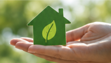 Mano sosteniendo una figura de casa de color verde con una hoja en el centro, simbolizando cuidado ambiental y ecología.