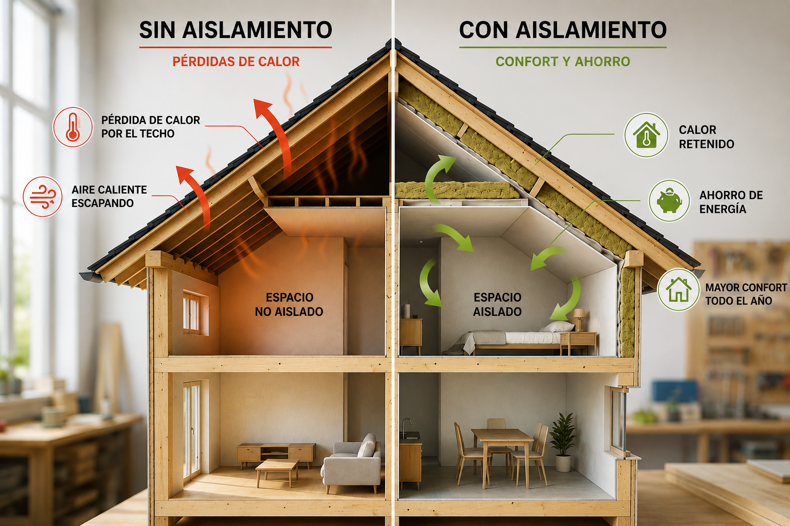 Comparación entre una casa sin aislamiento y una con aislamiento, mostrando pérdida de calor sin aislamiento y mayor confort y ahorro con aislamiento.
