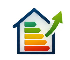 Ícono de una casa con barra de eficiencia energética y flecha verde ascendente.