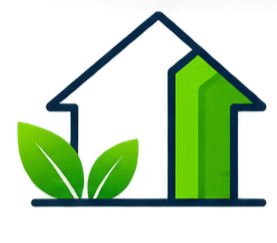 Un ícono de una casa con una flecha ascendente y hojas verdes, simbolizando crecimiento ecológico o sostenible.