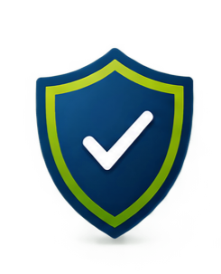 Escudo con borde azul y línea interior verde, con una marca de verificación blanca en el centro