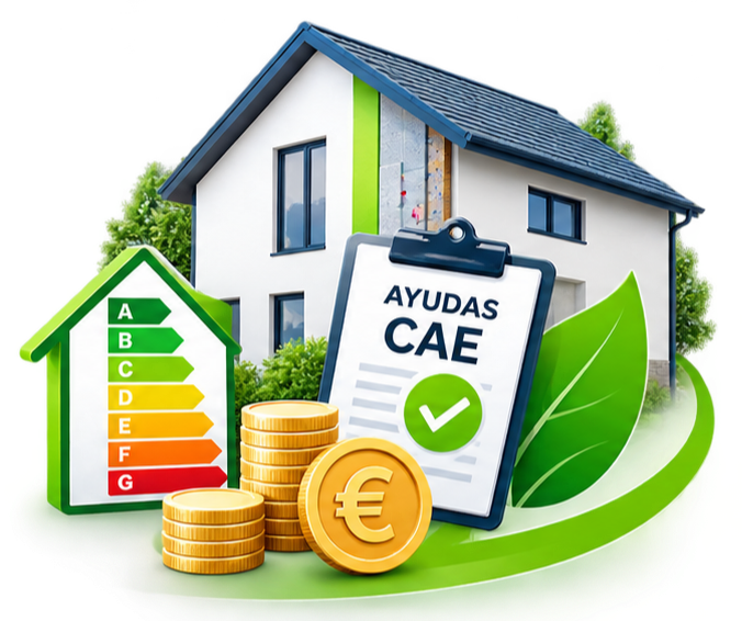 Casa moderna con evaluación energética y ayuda para reformas, monedas de euro, y una hoja con marcas de verificación.