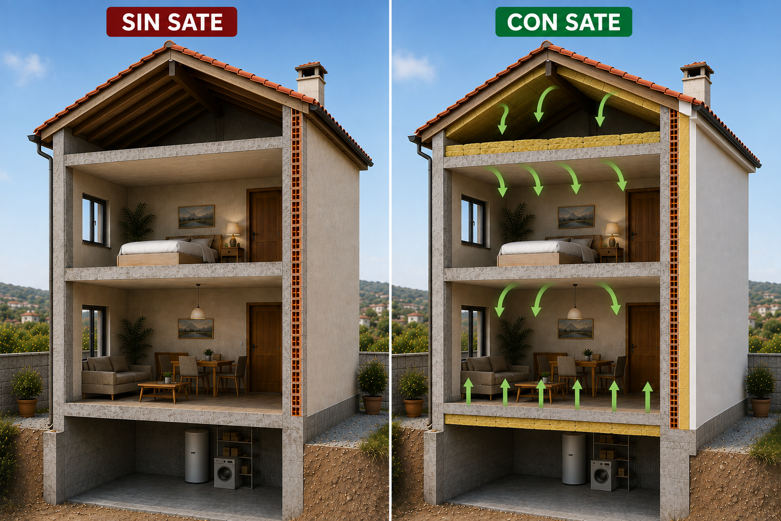 Ilustración comparativa de una casa mostrando la diferencia entre sin aislamiento y con aislamiento en las paredes, techos y paredes internas, con flechas verdes indicando la conservación de calor en la casa con aislamiento.