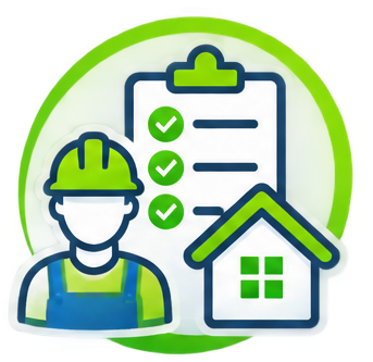 Ilustración de un trabajador de construcción con casco, con un listado de tareas, una casa y un fondo de color verde y blanco.