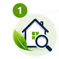 Icono de una casa con una lupa y una hoja verde, indicando búsqueda o inspección del hogar.