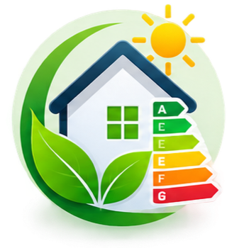 Logo de eficiencia energética con una casa, una hoja verde y una escala de clasificación de eficiencia energética de A a G, con un sol brillante.