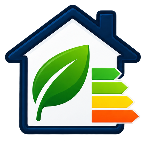 Logotipo de eficiencia energética con forma de casa, una hoja y una escala de colores de eficiencia, en colores verde, amarillo y rojo.