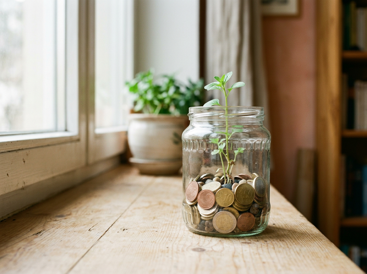 Una planta creciendo en un frasco de vidrio lleno de monedas, en una mesa junto a una ventana con luz natural.